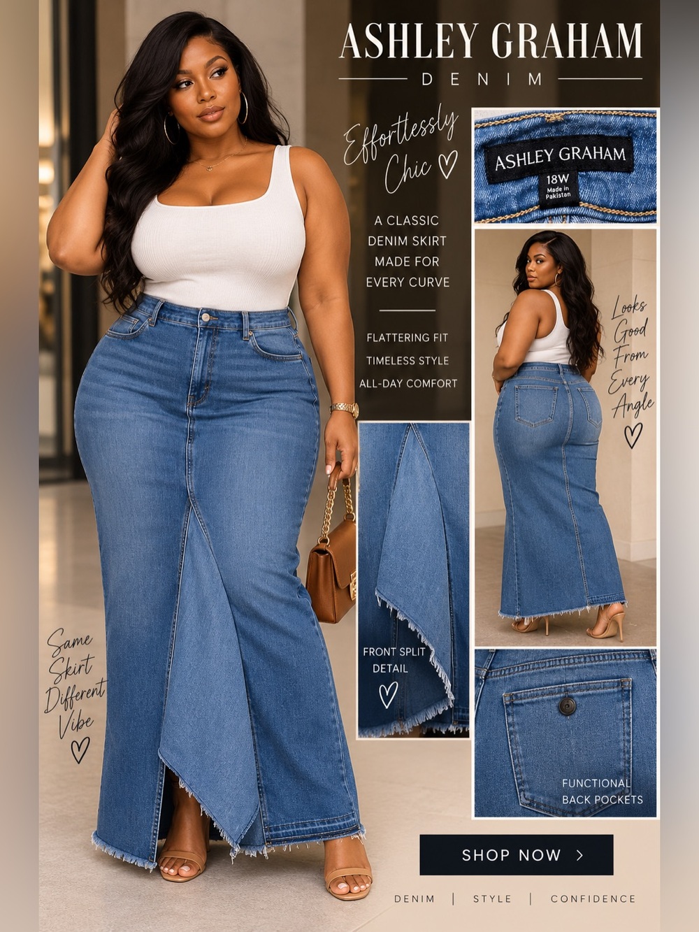 Ashley Graham Blue High-Waist Front-Slit Denim Maxi Skirt